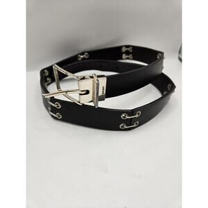 DKNY Vintage Punk Goth Black Leather Belt - Silver Eyelet Ring Hardware 28"